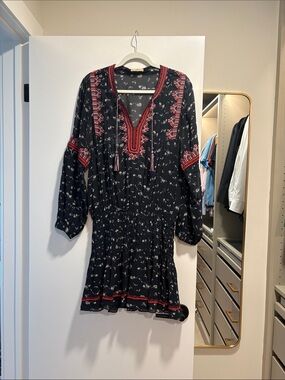 Ulla Johnson Silk Black Dress with Red Embroidered Trim